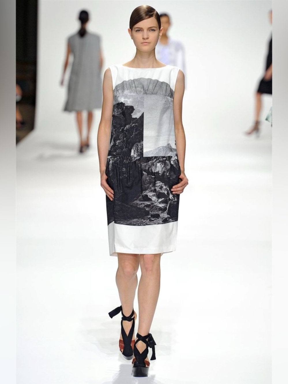 Dries Van Noten Spring 2012 B&W Landscape Printed Sleeveless Shift Dress, Sz 4/6